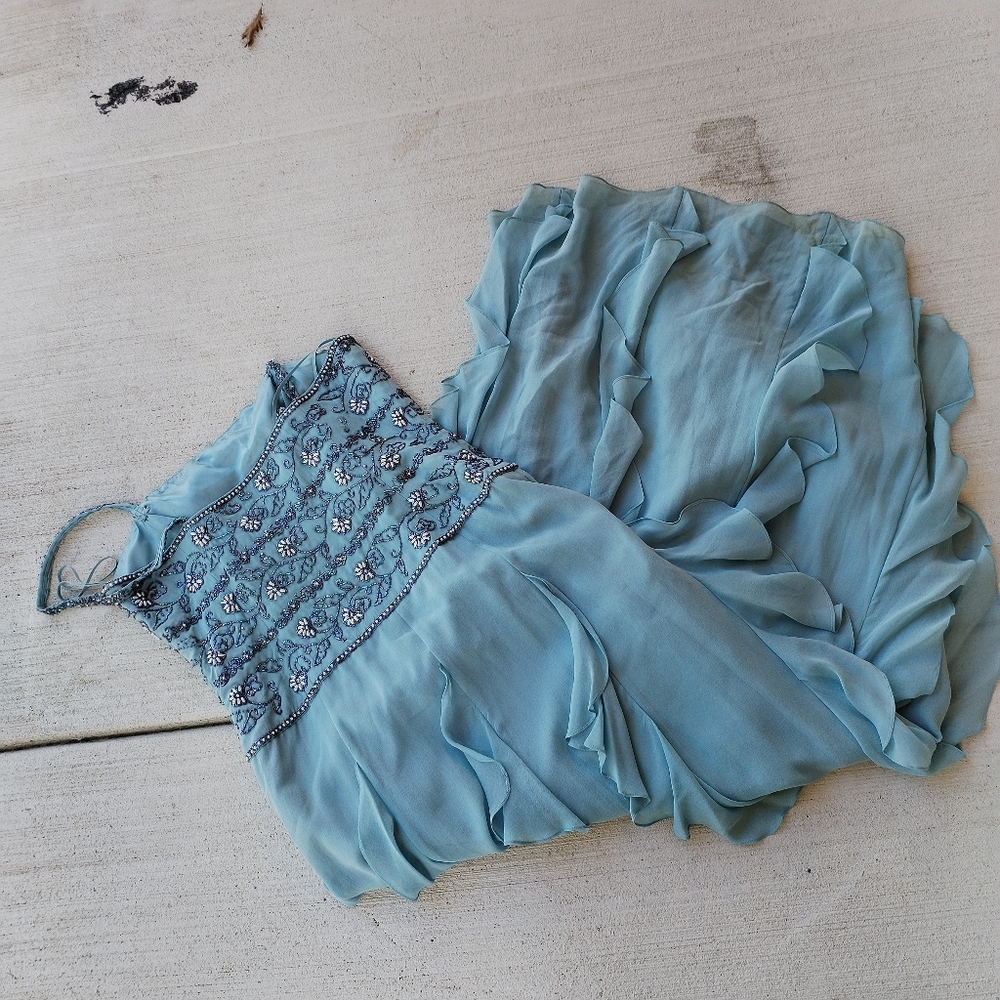 Gilar 100% Silk Blue Beaded Ruffle Evening Dress Size size 10 Stained on Bottom